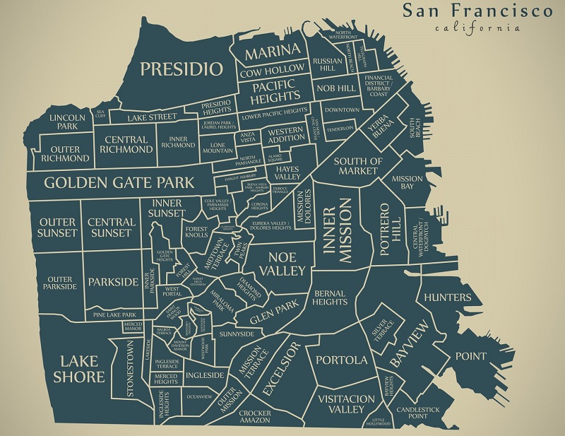 Mapa com as regiões/atrativos de San Francisco
