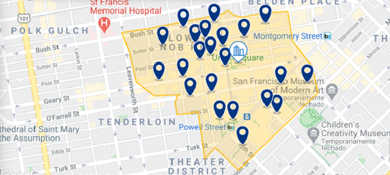 Mapa da região Union Square em San Francisco