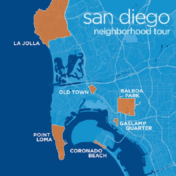 Mapa com as melhores regiões onde ficar em San Diego