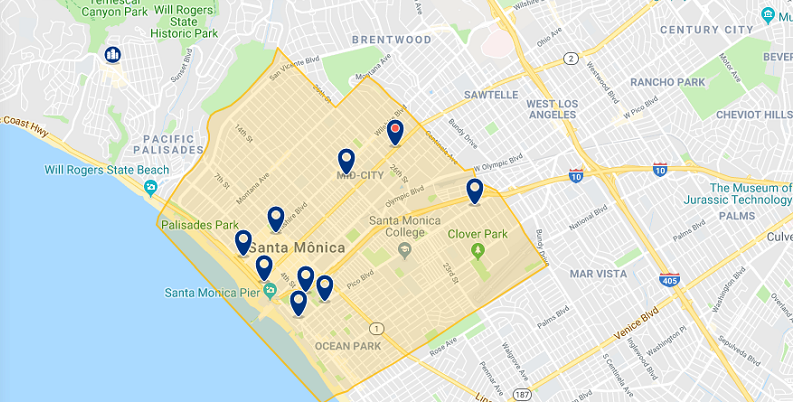 Mapa das principais regiões para ficar em Santa Mônica