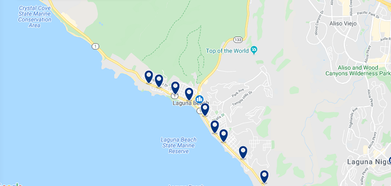 Mapa das melhores regiões para ficar em Laguna Beach