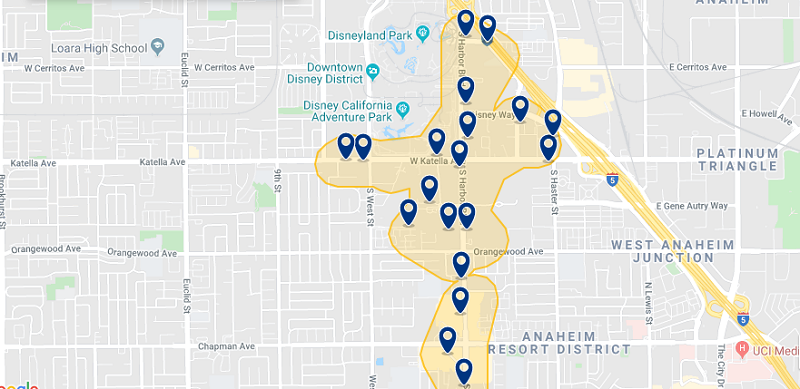 Mapa das melhores regiões para ficar em Anaheim