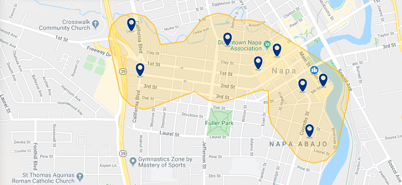 Mapa com as melhores regiões para ficar em Napa