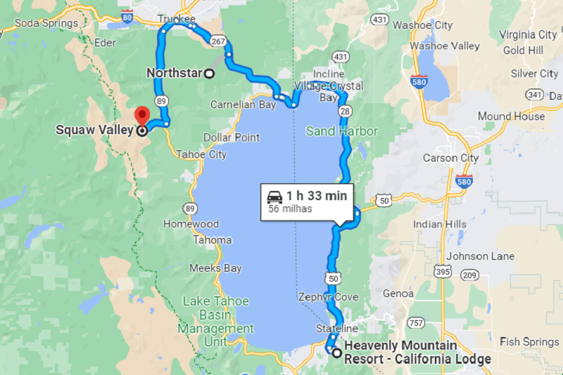 Mapa com algumas das principais cidades de Lake Tahoe