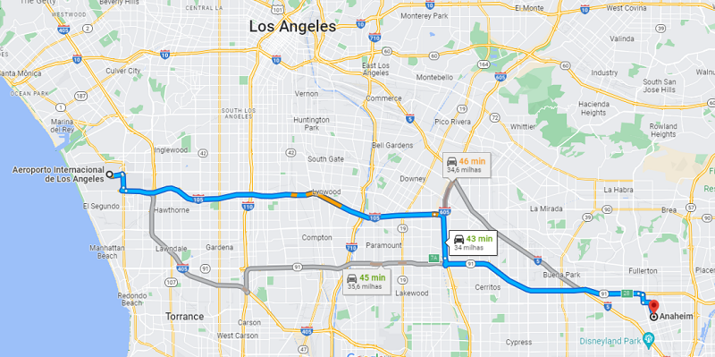 Do aeroporto de Los Angeles para Anaheim: Mapa